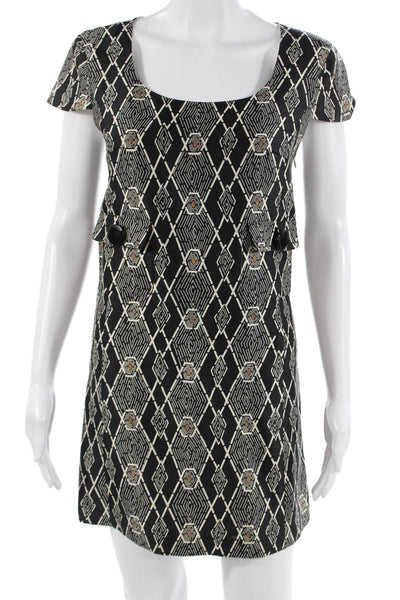 Tibi Womens Shift Dress Black Square Neck Short Sleeve Geometric Aztec Size S