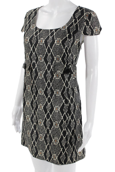 Tibi Womens Shift Dress Black Square Neck Short Sleeve Geometric Aztec Size S