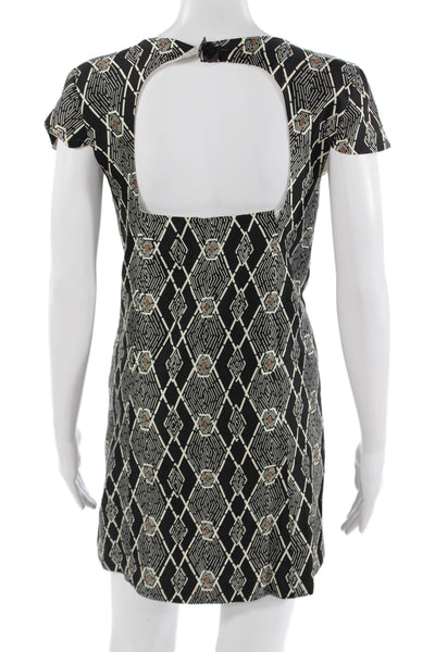 Tibi Womens Shift Dress Black Square Neck Short Sleeve Geometric Aztec Size S