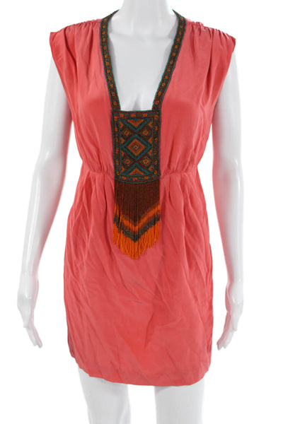 Tibi Women Pink Geometric Aztec V-Neck Sleeveless Shift Dress Zip Size 2