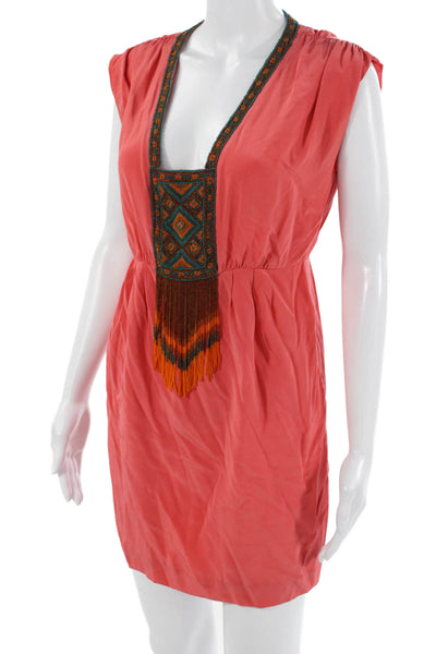 Tibi Women Pink Geometric Aztec V-Neck Sleeveless Shift Dress Zip Size 2