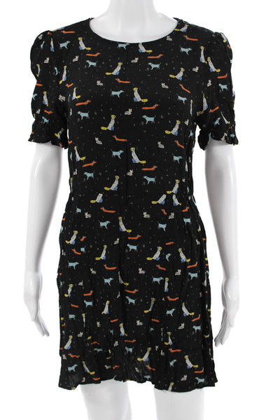 Zara Womens Black Shift Dress Short Sleeve Round Neck Button Polyester Size S
