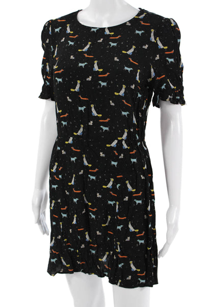 Zara Womens Black Shift Dress Short Sleeve Round Neck Button Polyester Size S