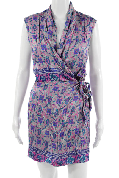 Zara Women Wrap Dress Gray V Neck Sleeveless Short Paisley Tie Waist Size S