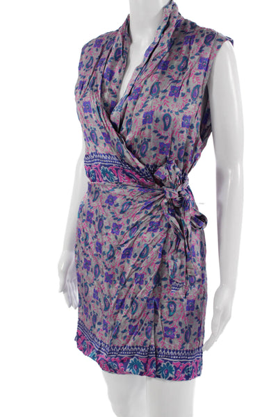 Zara Women Wrap Dress Gray V Neck Sleeveless Short Paisley Tie Waist Size S