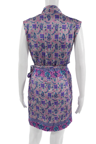 Zara Women Wrap Dress Gray V Neck Sleeveless Short Paisley Tie Waist Size S