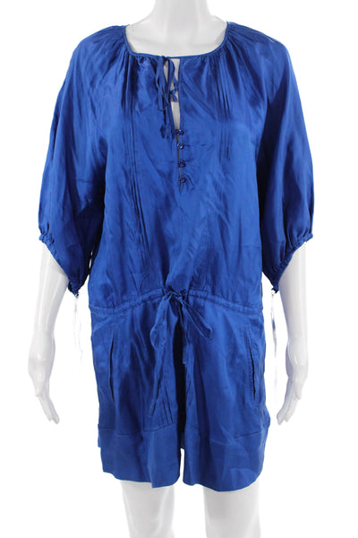 Zara Women Blue Silk Keyhole Jumpsuit Short 3/4 Sleeve Solid Size M