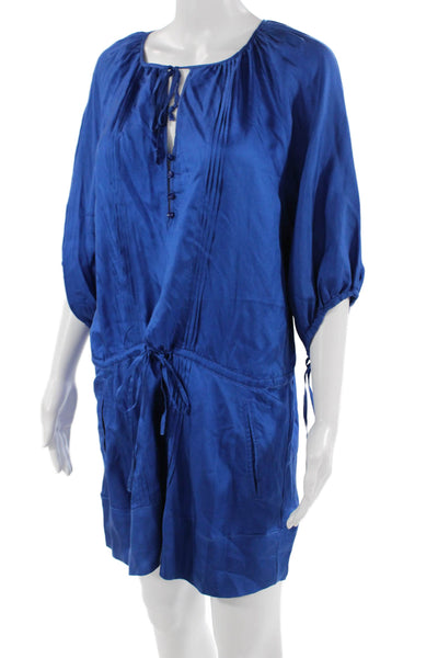 Zara Women Blue Silk Keyhole Jumpsuit Short 3/4 Sleeve Solid Size M