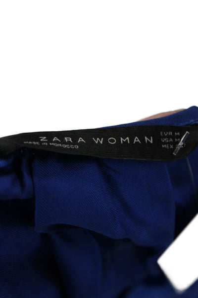Zara Women Blue Silk Keyhole Jumpsuit Short 3/4 Sleeve Solid Size M