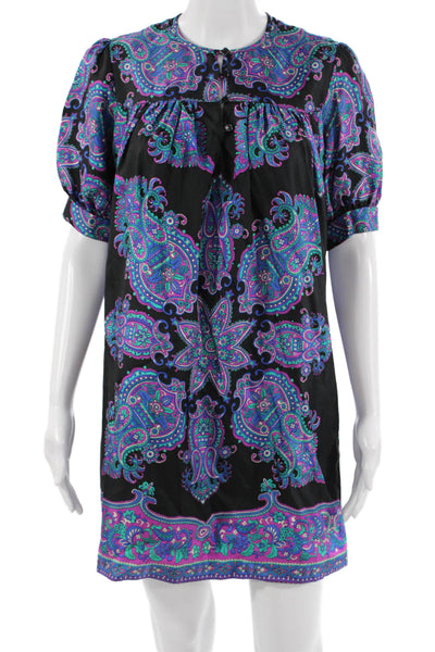 Tibi Womens Kaftan Dress Black Silk Paisley Short Sleeve Size 2