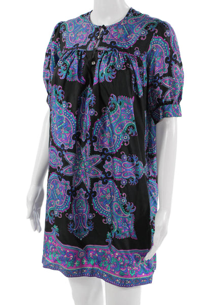 Tibi Womens Kaftan Dress Black Silk Paisley Short Sleeve Size 2