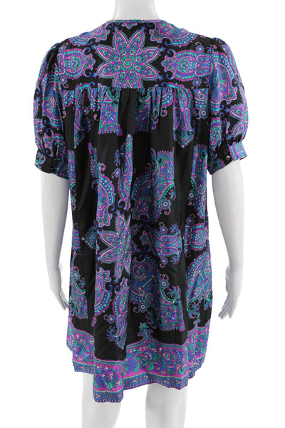 Tibi Womens Kaftan Dress Black Silk Paisley Short Sleeve Size 2
