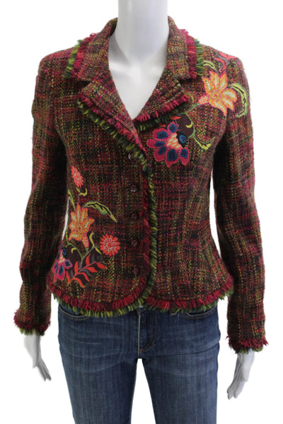 Jon Womens Tweed Floral Blazer Button Collared Long Sleeve Multi-Color Size 8
