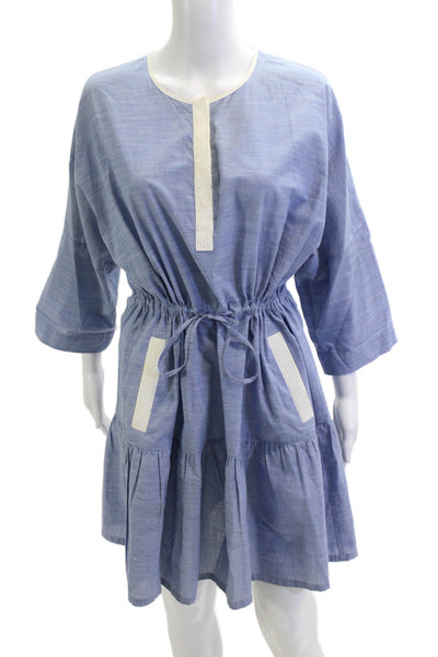 Joie Women Kaftan Blue Cotton 3/4 Sleeve Short Round Neck Bohemian Size XS