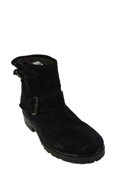 Scoop Womens Suede Buckled Round Toe Low Heeled Ankle Boots Black Size 7.5