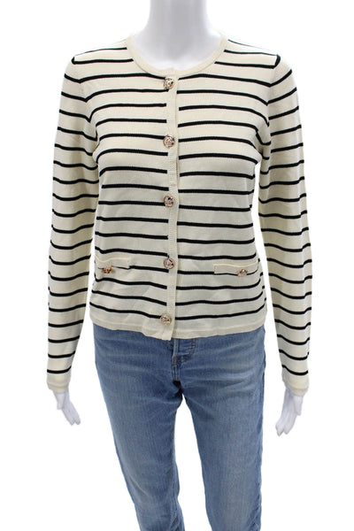 Renuar Women Cardigan Striped Beige Crew Neck Button Long Sleeve Size XS
