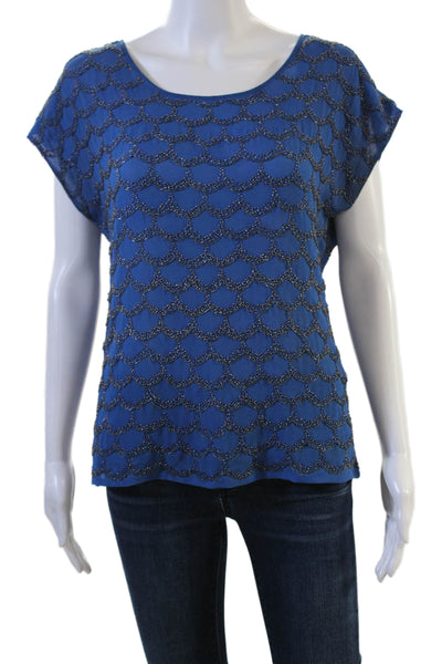 Joie Womens Silk Short Sleeve Blouse Round Neck Blue Marine Size S
