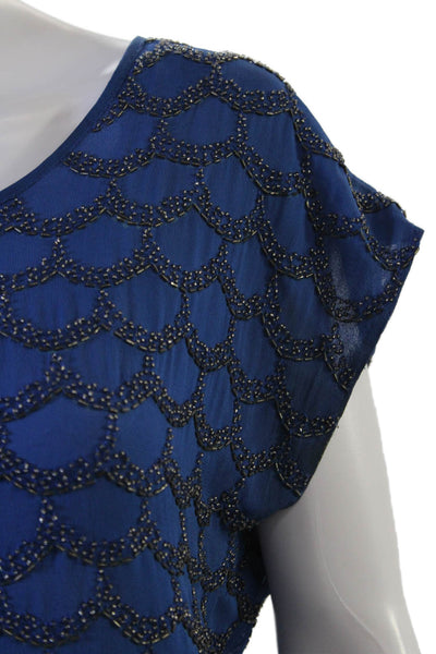 Joie Womens Silk Short Sleeve Blouse Round Neck Blue Marine Size S