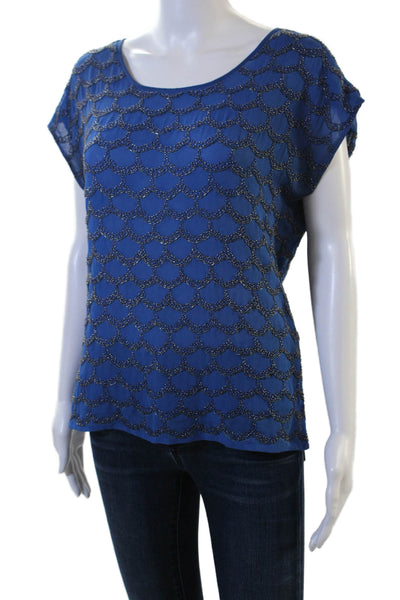 Joie Womens Silk Short Sleeve Blouse Round Neck Blue Marine Size S
