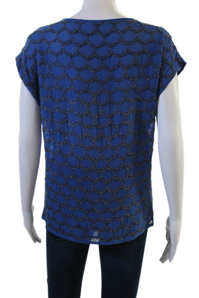 Joie Womens Silk Short Sleeve Blouse Round Neck Blue Marine Size S