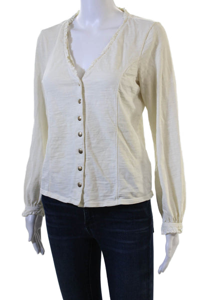 Nation LTD Women Boho Button-Up V-Neck White Long Sleeve Cotton Size S