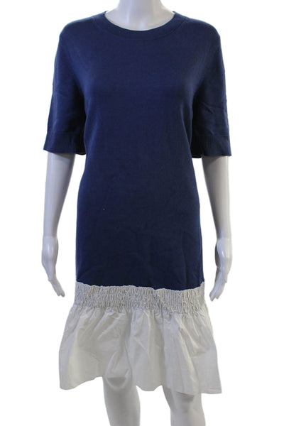 COS Women Sweater Shift Dress Dark Blue Crew Neck Cotton Short Sleeve Size L