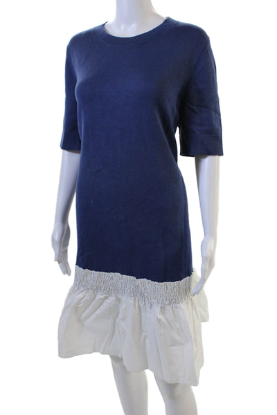 COS Women Sweater Shift Dress Dark Blue Crew Neck Cotton Short Sleeve Size L