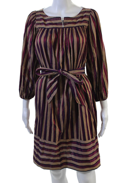 Tracy Feith Women Shirt Dress Beige Linen Striped 3/4 Sleeve Tie Waist Size S