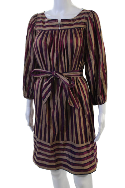 Tracy Feith Women Shirt Dress Beige Linen Striped 3/4 Sleeve Tie Waist Size S