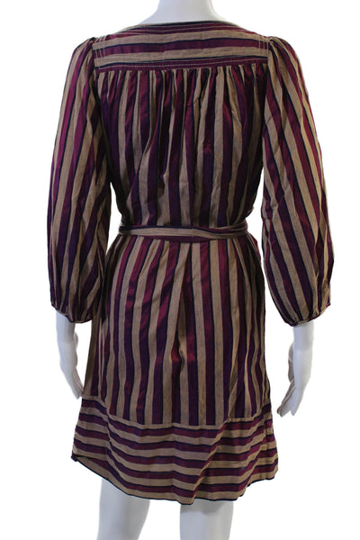 Tracy Feith Women Shirt Dress Beige Linen Striped 3/4 Sleeve Tie Waist Size S