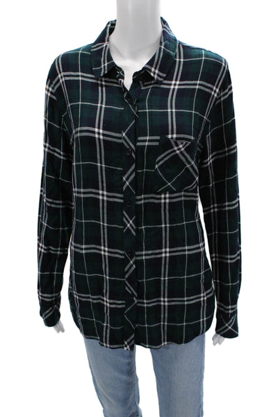 Rails Womens Dark Blue Plaid Rayon Button-Up Long Sleeve Collared Top Size L