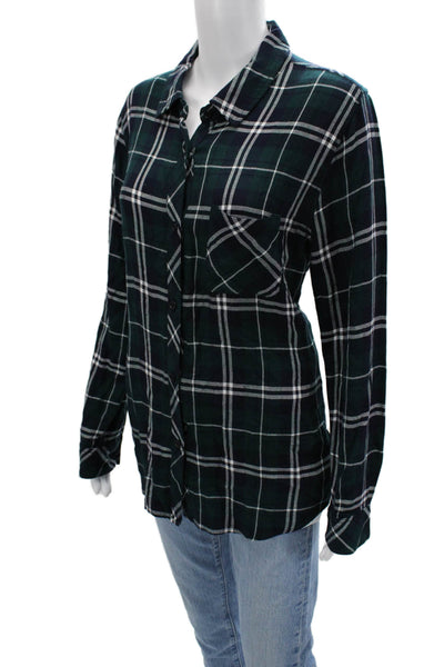 Rails Womens Dark Blue Plaid Rayon Button-Up Long Sleeve Collared Top Size L