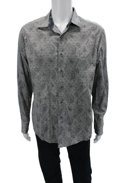Robert Graham Mens Cotton Paisley Print Collared Button-Down Shirt Gray Size L