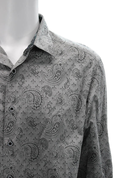 Robert Graham Mens Cotton Paisley Print Collared Button-Down Shirt Gray Size L