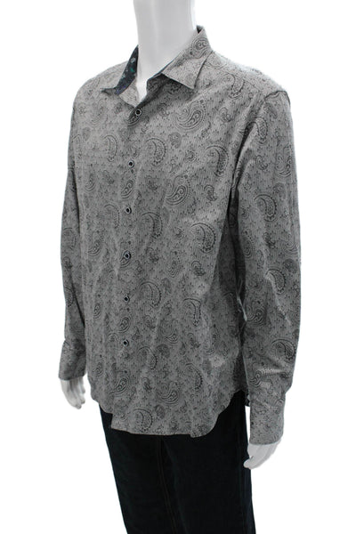 Robert Graham Mens Cotton Paisley Print Collared Button-Down Shirt Gray Size L