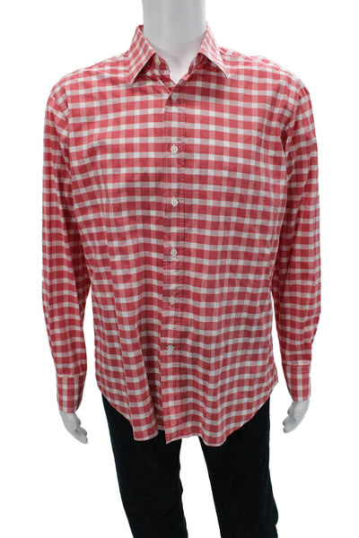 Canali Mens Checkered Print Collared Long Sleeve Button-Down Shirt Red Size XL