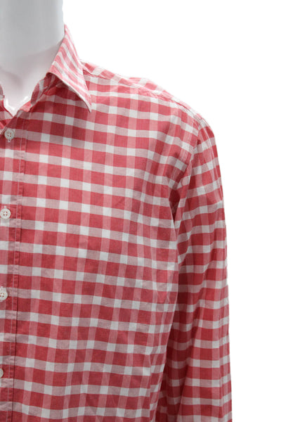Canali Mens Checkered Print Collared Long Sleeve Button-Down Shirt Red Size XL