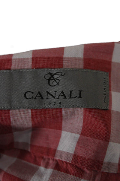 Canali Mens Checkered Print Collared Long Sleeve Button-Down Shirt Red Size XL