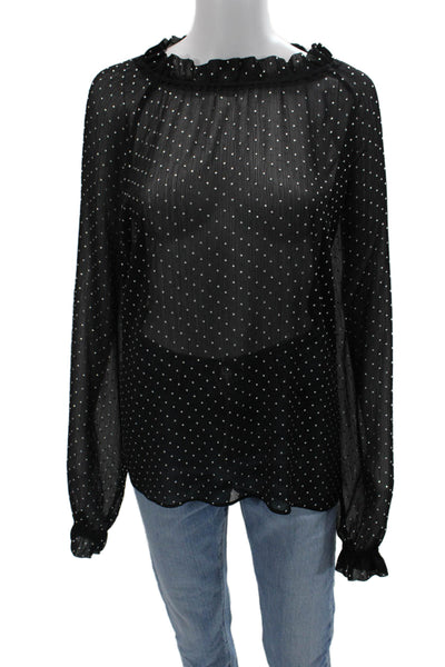Ronny Kobo Women Black Polka Dot High Neck Long Sleeve Blouse Size M