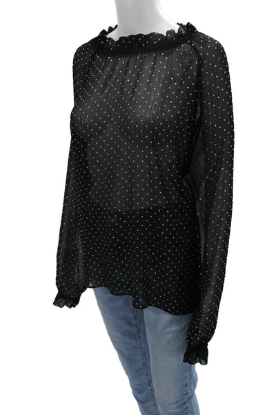 Ronny Kobo Women Black Polka Dot High Neck Long Sleeve Blouse Size M