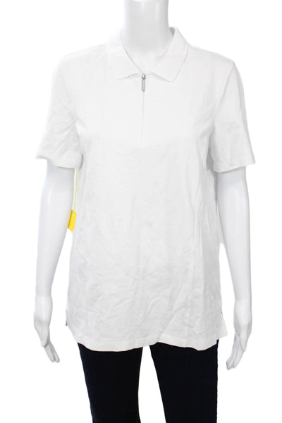 Renuar Women Basic Polo Short Sleeve Collared Zip White Cotton Stretch Size M