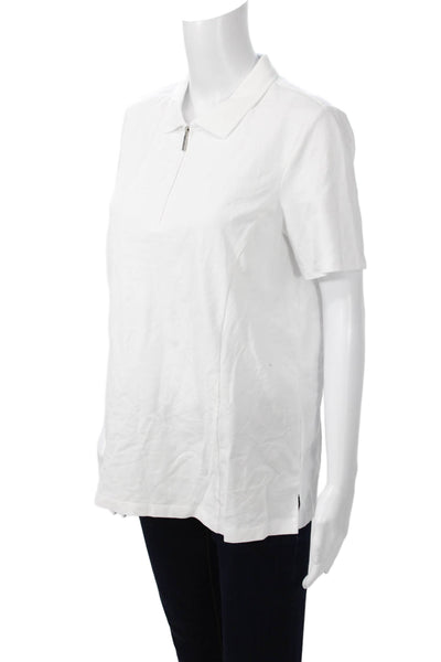 Renuar Women Basic Polo Short Sleeve Collared Zip White Cotton Stretch Size M