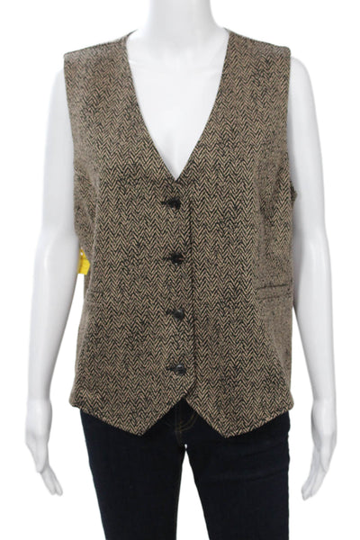 Renuar Womens Beige Herringbone V-Neck Button Vest Poly Blend Size 2XL