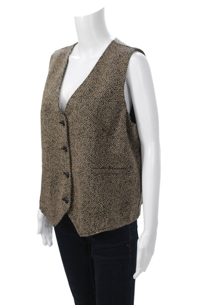 Renuar Womens Beige Herringbone V-Neck Button Vest Poly Blend Size 2XL