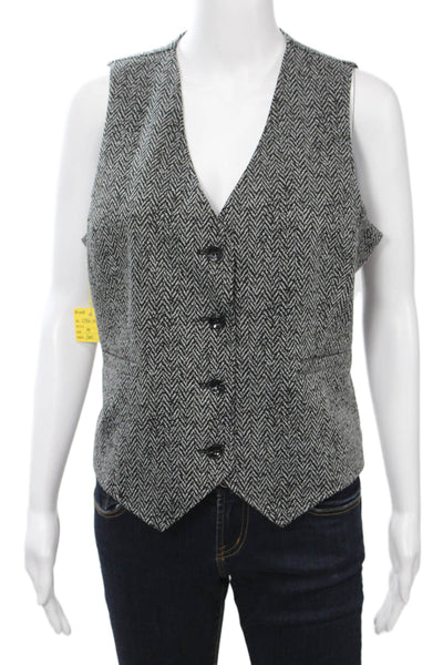 Renuar Womens Sleeveless Herringbone V-Neck Button Vest Black Size M
