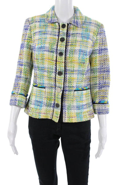 Worth Womens Blue Collared Cotton Silk Blazer 3/4 Sleeve Plaid Size 6