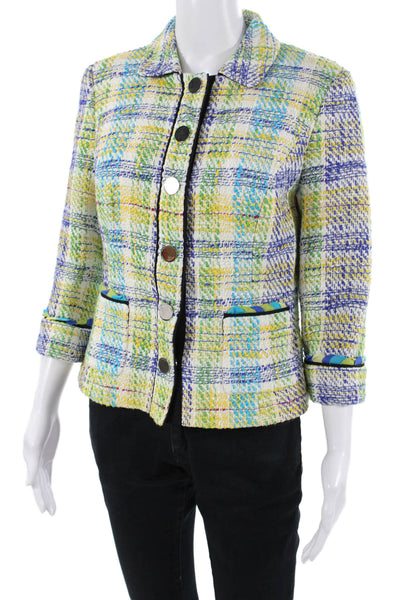 Worth Womens Blue Collared Cotton Silk Blazer 3/4 Sleeve Plaid Size 6