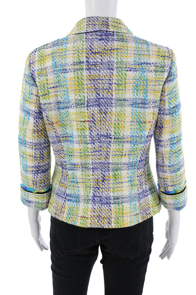 Worth Womens Blue Collared Cotton Silk Blazer 3/4 Sleeve Plaid Size 6