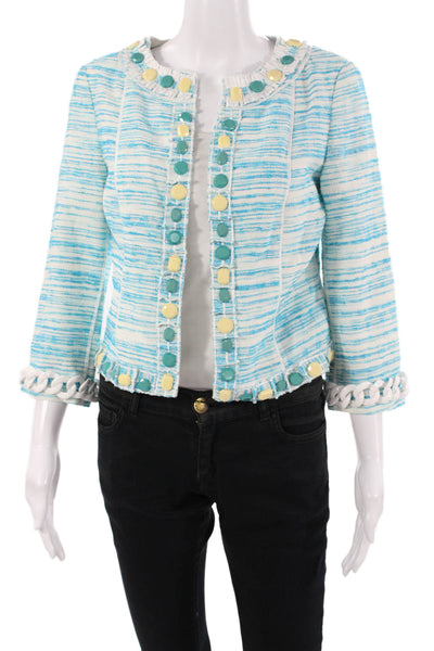 Worth Womens Light Blue Striped Crew Neck 3/4 Sleeve Button Jacket Size 4