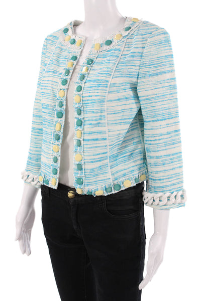 Worth Womens Light Blue Striped Crew Neck 3/4 Sleeve Button Jacket Size 4
